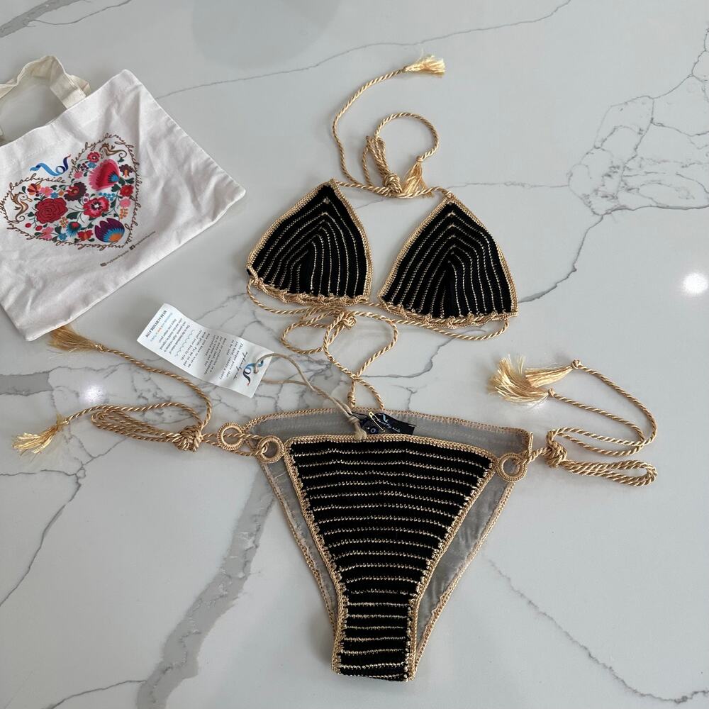 My Beachy side crochet black and gold swimsuit set One size